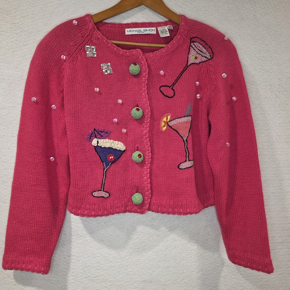 Vtg Michael Simon OneSize Pink Martini Cocktail Olives Beaded Cardigan Sweater